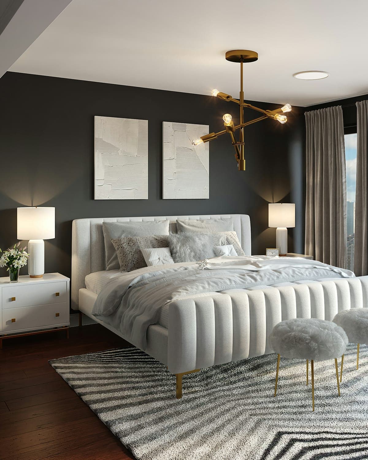 Bedroom opening to sea light, white linen, louvered doors, morning breeze