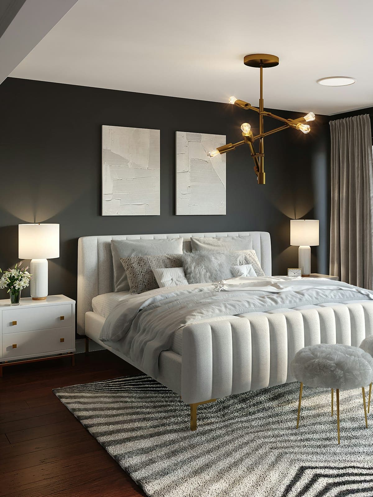 Bedroom — white linen, louvered windows, seagrape leaves at the glass