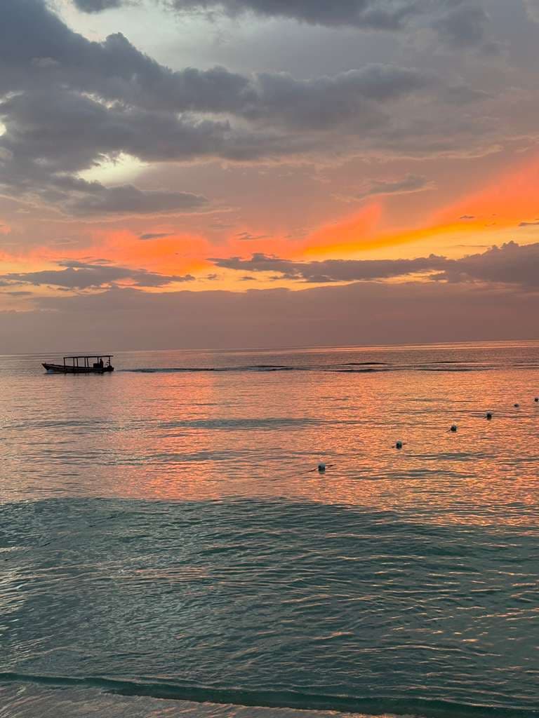 A fishing boat crossing the bay at sunset, the water going pink and gold